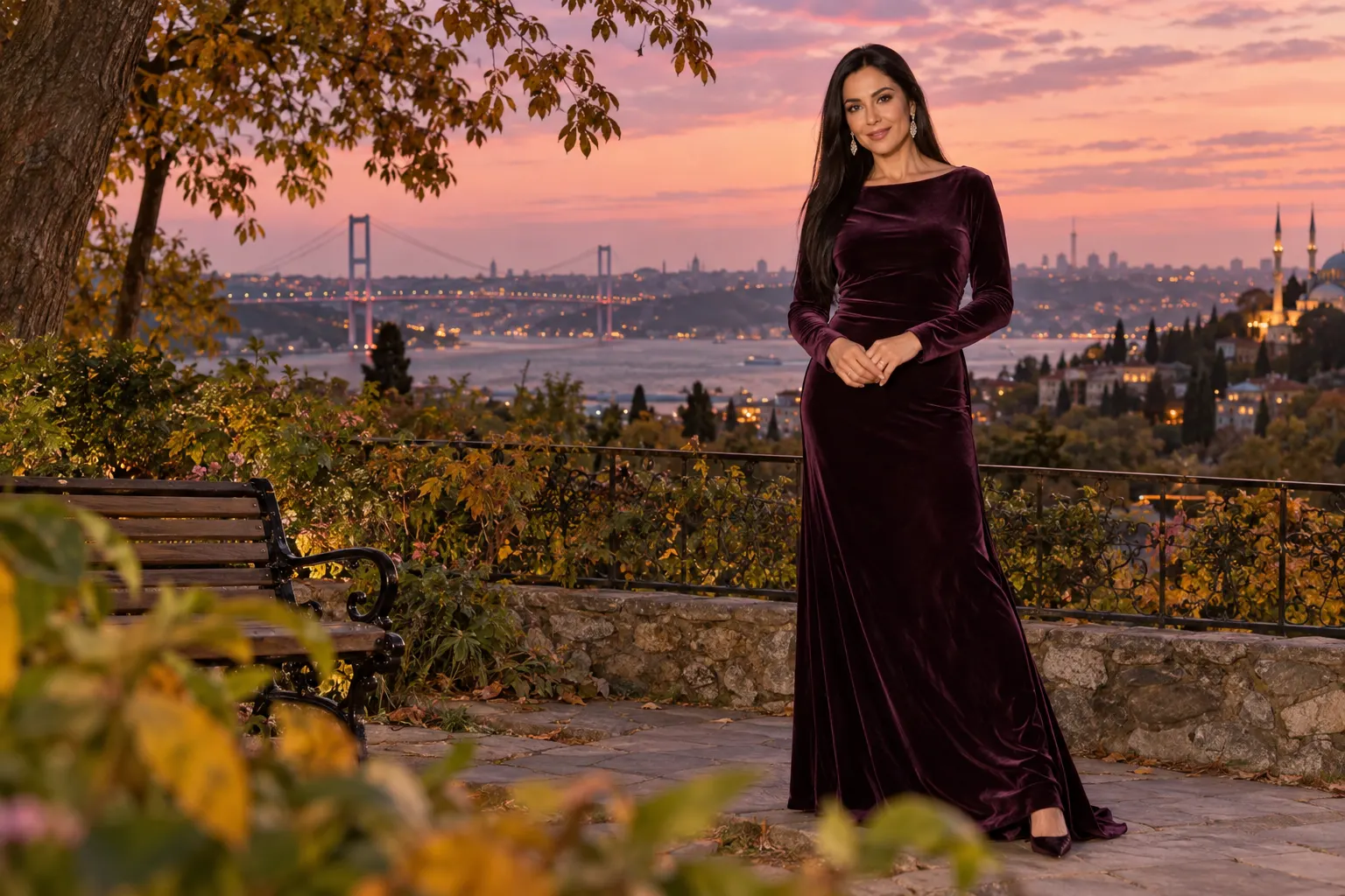 patlıcan moru uzun kadife elbise giyen yetişkin kurgu trans kadın, İstanbul manzaralı park köşesinde moda portresi.