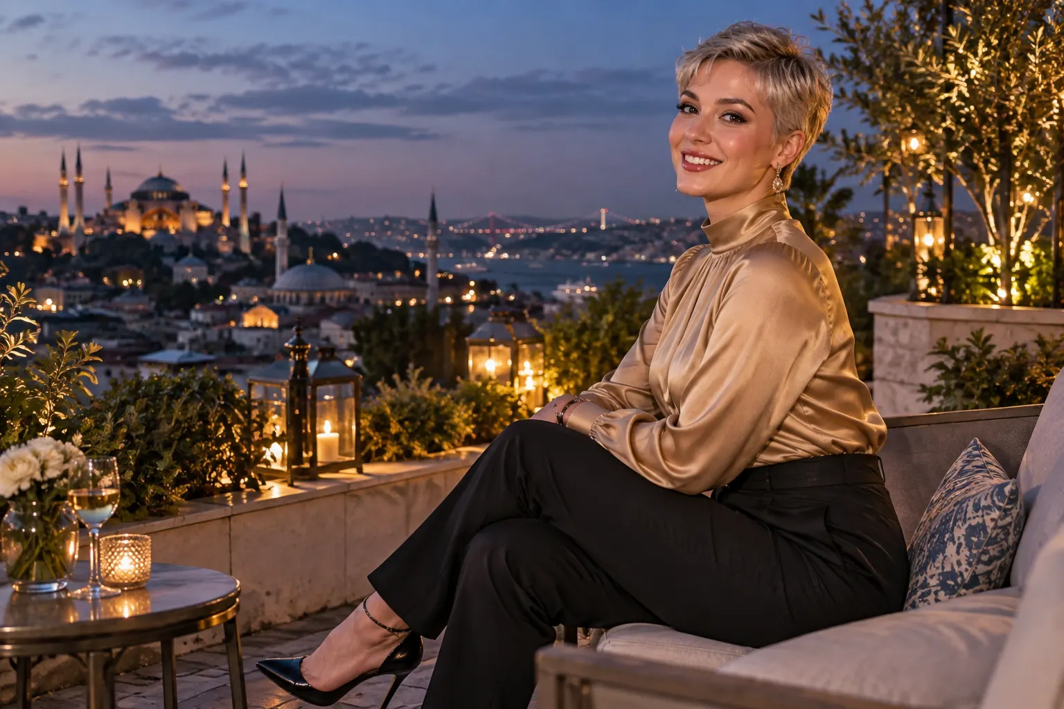 altın rengi bluz ve siyah pantolon giyen yetişkin kurgu trans kadın, İstanbul siluetli hayalî çatı bahçesinde moda portresi.