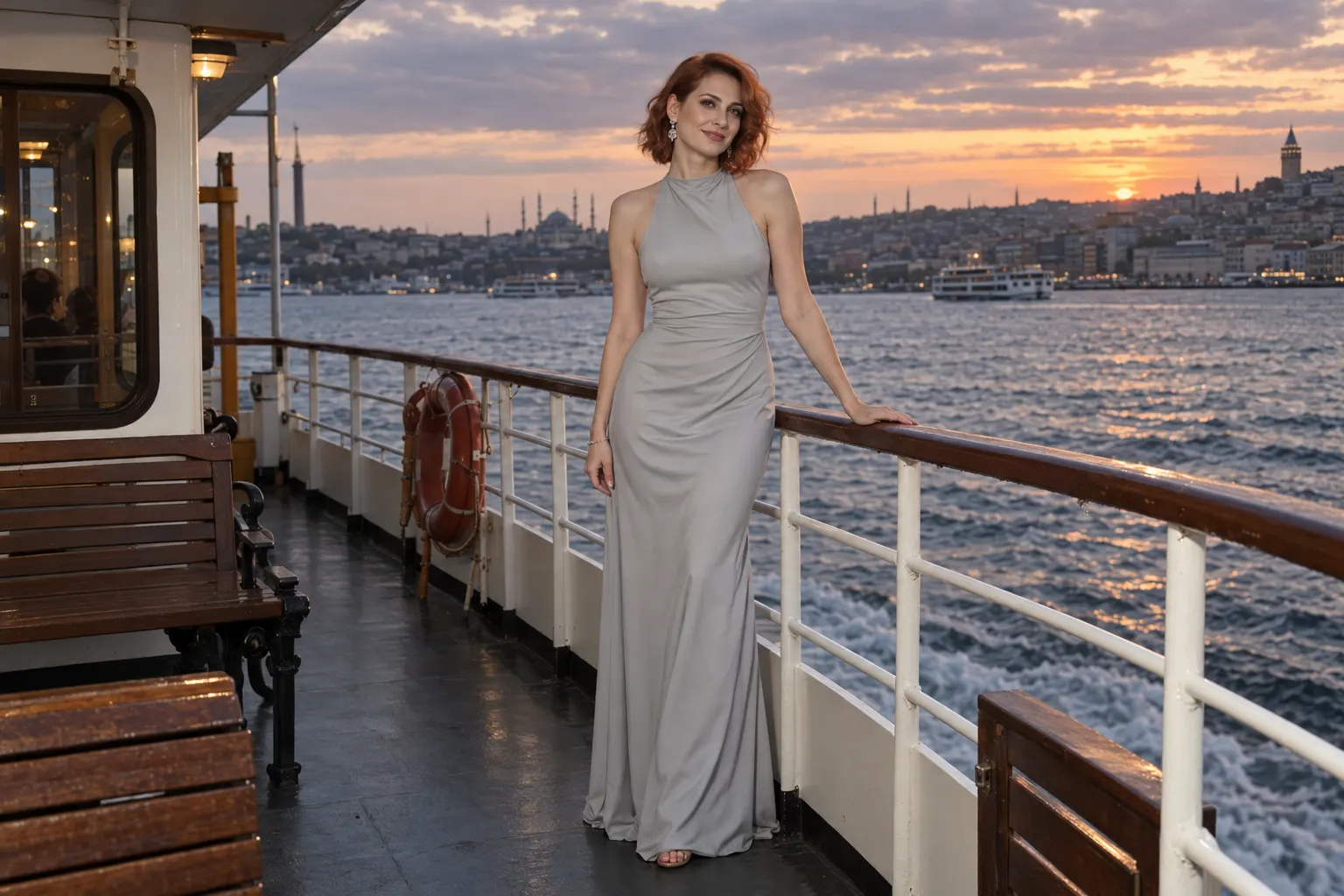 inci grisi uzun elbise giyen yetişkin kurgu trans kadın, İstanbul silueti önündeki vapur güvertesinde moda portresi.
