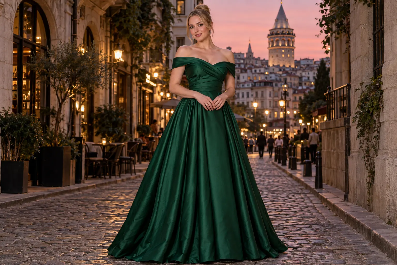 zümrüt yeşili uzun abiye giyen yetişkin kurgu trans kadın, Galata siluetli hayalî İstanbul sokağında moda portresi.