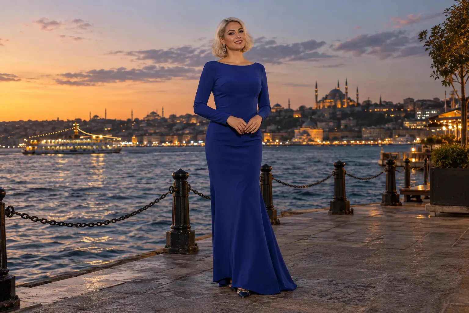 kobalt mavisi uzun gece elbisesi giyen yetişkin kurgu trans kadın, İstanbul kıyısındaki yürüyüş yolunda moda portresi.