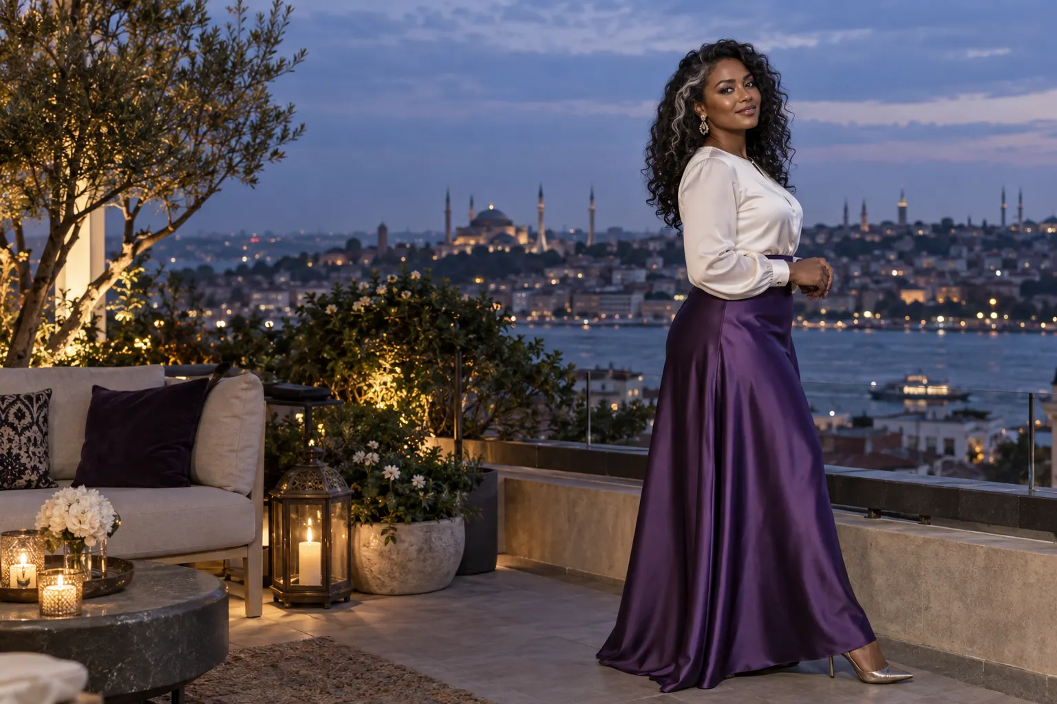 fildişi bluz ve mor uzun etek giyen yetişkin kurgu trans kadın, İstanbul siluetli hayalî çatı bahçesinde moda portresi.