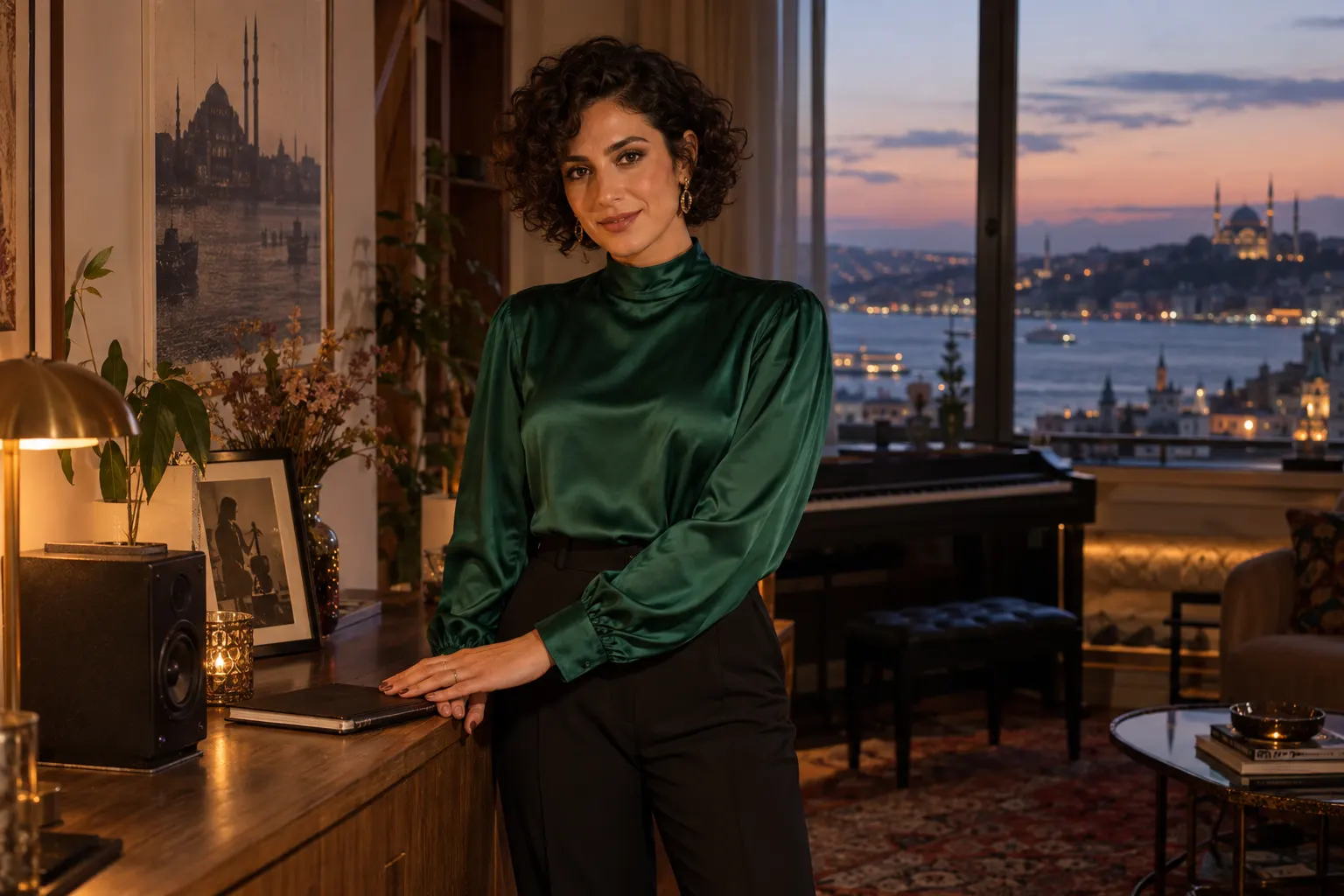 Zümrüt rengi yüksek yakalı kıyafetli yetişkin kurgu trans kadın, İstanbul akşamında küçük müzik buluşmasına hazırlanıyor.